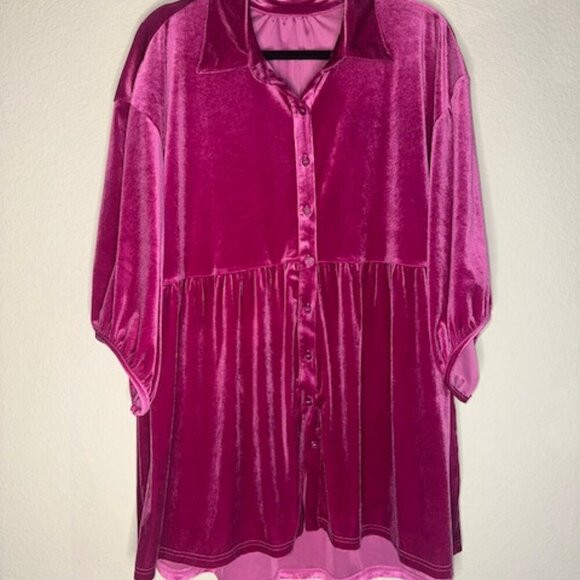 No Brand Magenta Velvet Button Down Plus Mini Dress - Picture 2 of 8